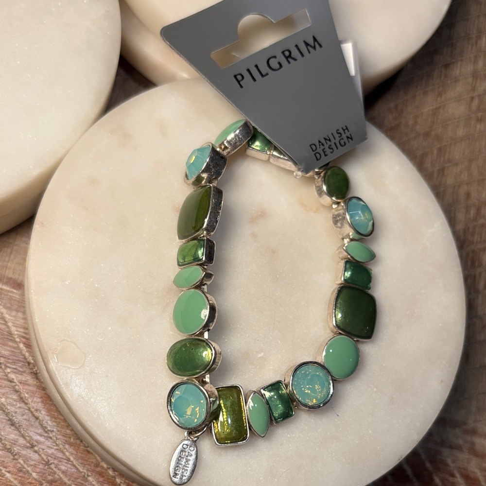 (#56) Pilgrim Silver Bracelet with Green Accents